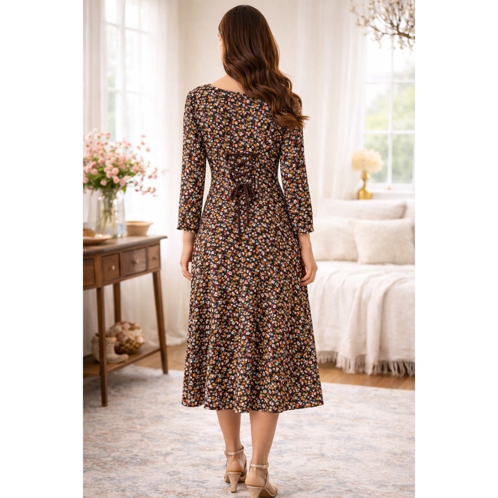 Vintage Jamie Brooke‎ Floral Midi/Maxi Dress Lace Up Back Cottagecore Modest M